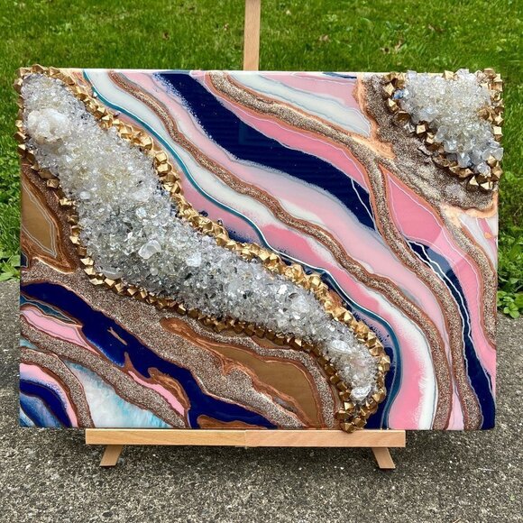 Geode Resin 24" x 18" Wood Panel Art Piece | Broken Moroccan Geode and Clear Qua - Picture 1 of 9